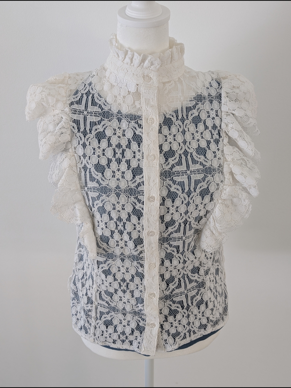 7th Ave New York & Comp Blouse Women L White Lace Ruffle Sleeve Button-Up Top